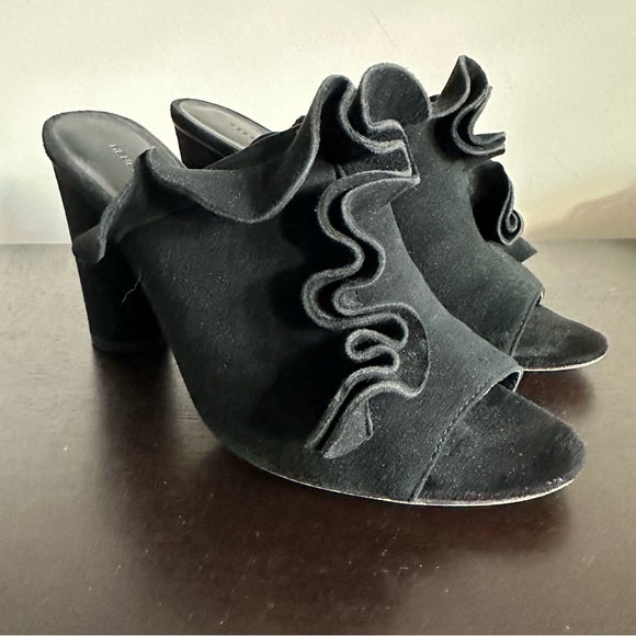 Rebecca Minkoff Jaxon Mules Black Suede Ruffled Heels Sandals - Picture 3 of 9